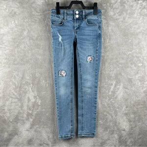 SO Girls Adjustable Sequins Distressed 2 Button Skinny Jeans Blue Size 8.